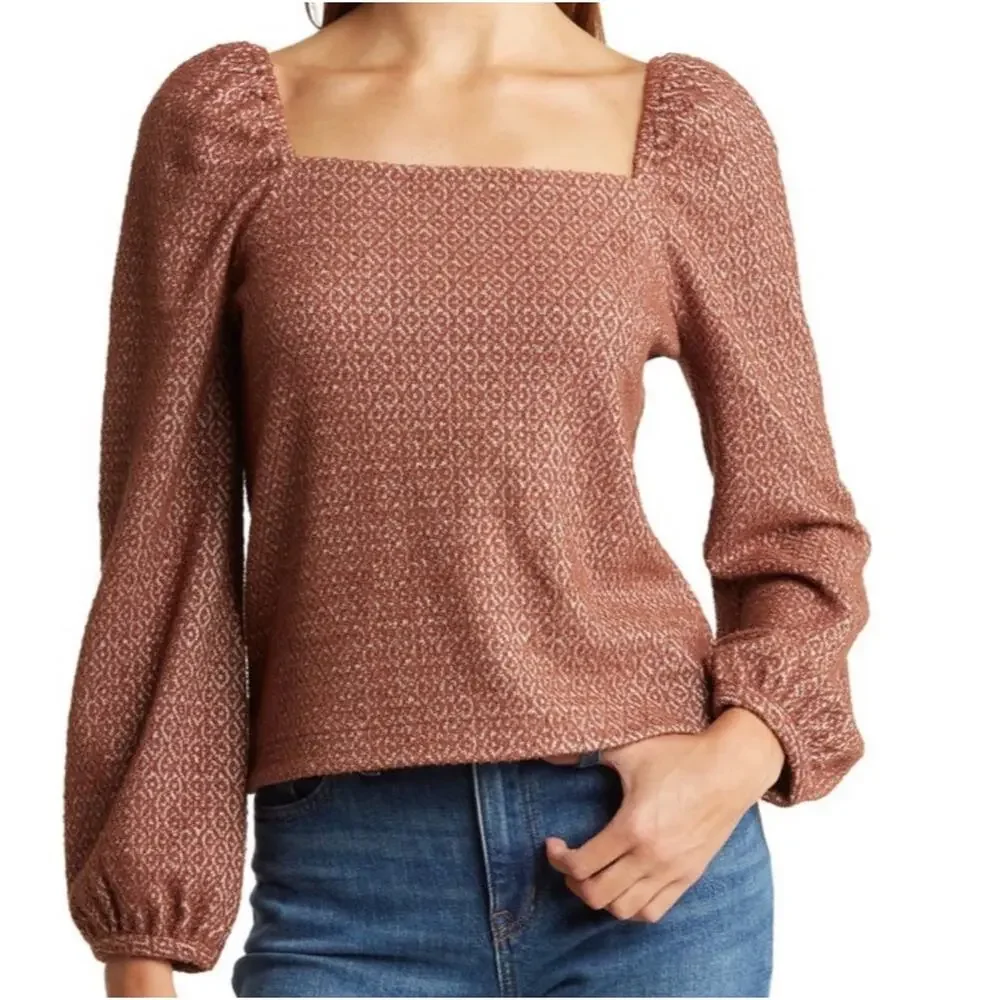 Madewell Jacquard Puff-Sleeve Crop Top Dark Merlot Size M